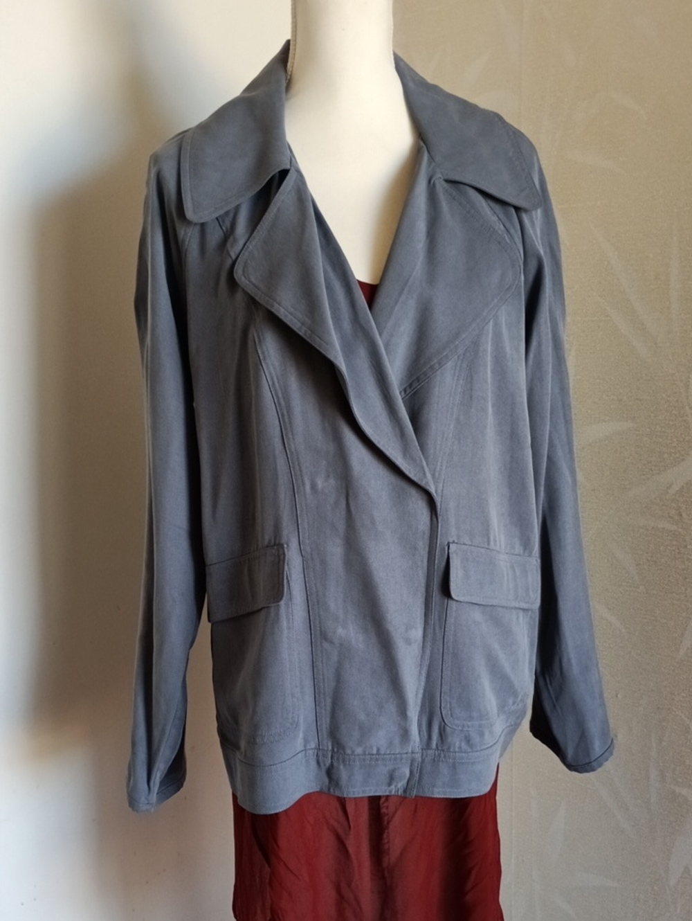 Jacket Double Breast Snap Close Patch Flap Pockets Gray Blue Soft Slouchy NWOT S